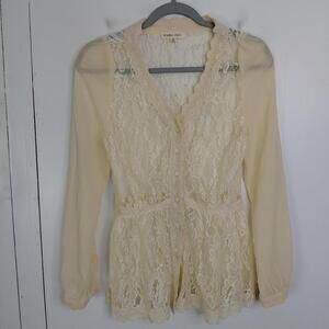 Double Zero Top Womens Small Sheer Lace Romantic Victorian Retro Scalloped Neck